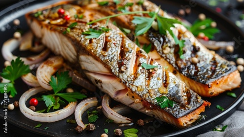 Marinated mackerel fillet with sliced onion and parsley, healthy food