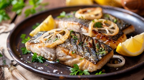 Marinated mackerel fillet with sliced onion and parsley, healthy food