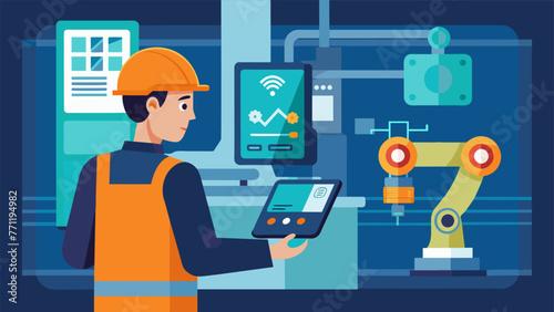 In a factory setting a mechanic peers through a tablet screen to see a digital overlay of an industrial assembly machine with virtual markers