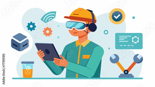 An intricate view of a worker using an AR headset to identify and repair a faulty component with a virtual instruction manual appearing to