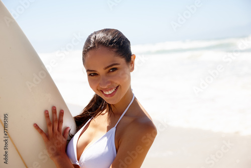Photography Woman, ocean and surfboard for surfing or portrait with bikini, adventure and fitness with blue sky