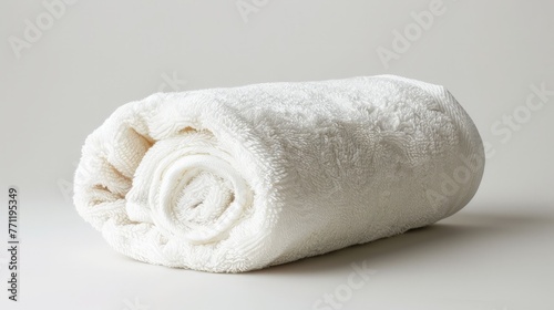 rolled up white beach towel on white background