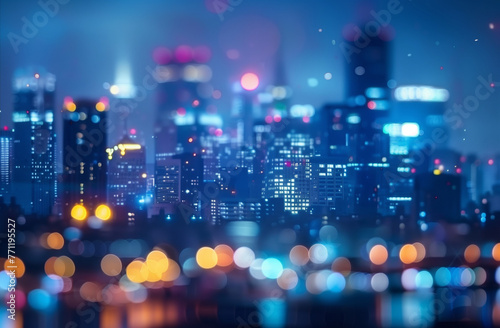 Blurred city lights at night, with buildings illuminated in shades of blue and white.