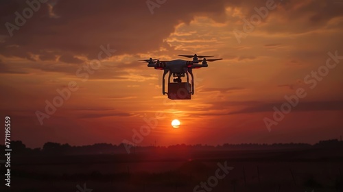 Drone hovering at sunset delivering a package © pixcel3d