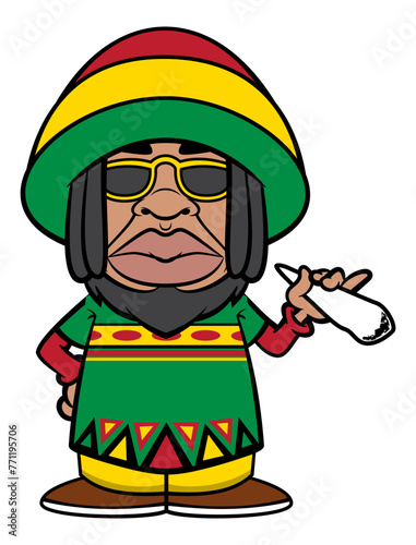Dreadlocks men wearing sunglasses, beanie cap and outfit with rastafarian flag colors smoking marijuana. Best for mascot, logo, and sticker with marijuana themes