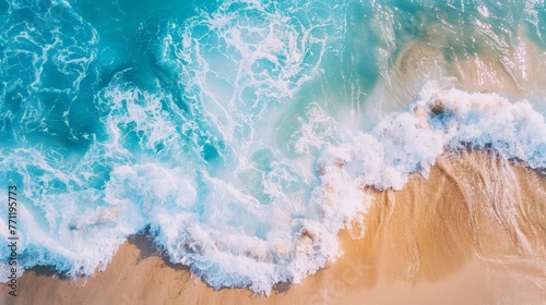 Summer seascape beautiful waves, blue sea water in sunny day. Top view from drone. Sea aerial view, amazing tropical nature background.