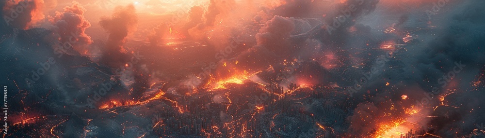 Abandoned city engulfed by lava, desolate yet colorful, birdseye view ,3DCG,high resulution