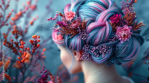 Fashion hairstyle with colorful hair accessories, detailed closeup, trendsetting ,3DCG,high resulution