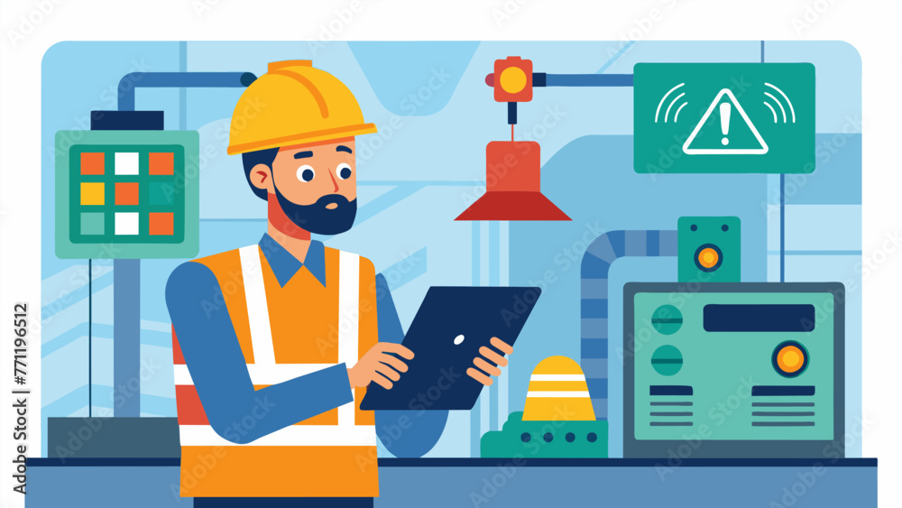 A safety officer closely inspects a realtime alert system checking for any potential malfunctions or discrepancies that could impact the A safety officer closely inspects a realtime alert system checking for any potential malfunctions or discrepancies that could impact the