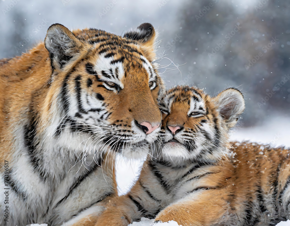 Mother tiger and her cubs playing in the winter forest. Wildlife scene from nature.