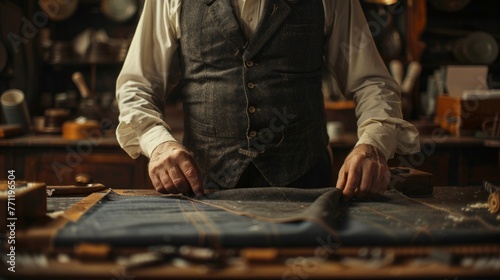 Tailor in a vest working on blue fabric on a table.