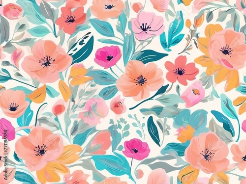 Seamless floral pattern with poppies and leaves in pastel colors
