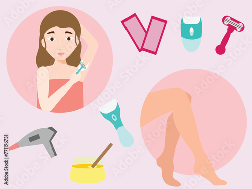 Women apply hair removal methods on their body parts.using lasers and wax epilation. . Skincare and beauty concept.