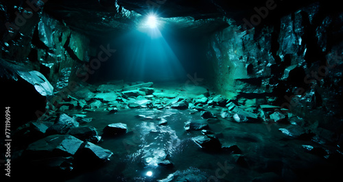 the inside of an underwater cave at night with water flowing through