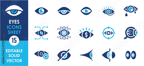 Flat vector eye icon collection. Duotone color. Vector illustration. Containing eye, eyes, red eyes, technology, sight, hyperopia and so on.