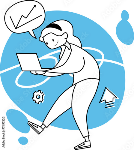 Happy female freelancer working remotely use a laptop. charts, data graphic