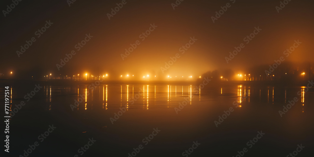 Night fog lights above the water in the beautiful city
