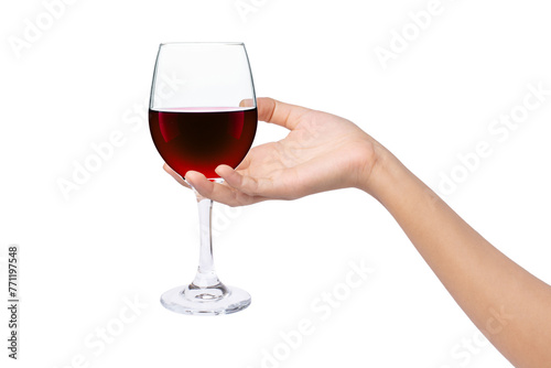 glass of red wine in hand isolated on white