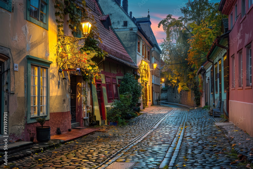 Old Town Streets Illuminated by the Morning Sun: Cobblestone Paths and Colorful Houses Enhance the Charm of the Historic Town