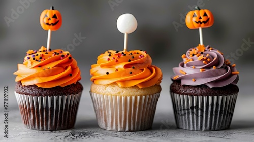 Set of three cupcakes Halloween toothpick circle on top pumpkin on white background. Copy space.