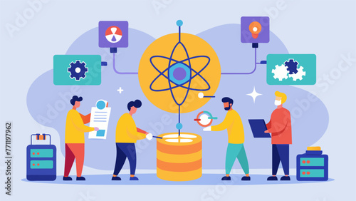 A team of engineers work on a fusion process combining data from multiple sources into a single cohesive database. The process is complex and