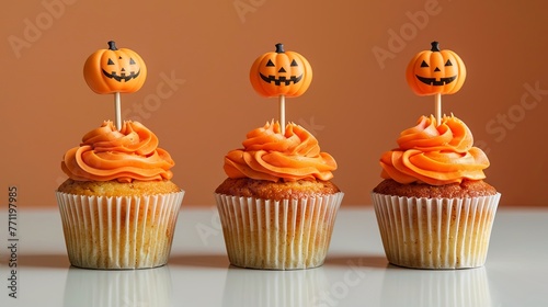 Three cupcakes Halloween toothpick circle on top pumpkin on bright pastel background. Copy space.