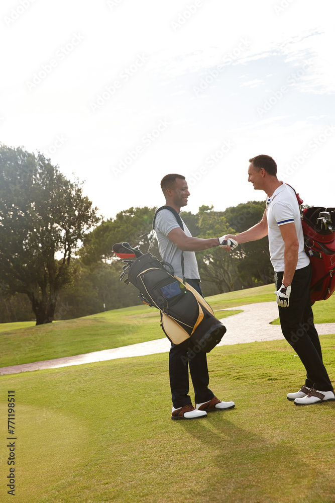 Obraz premium Happy man, friends and handshake with golfer on green grass for teamwork, match or outdoor game. Young male person or people shaking hands for friendly sport or competition together on golf course