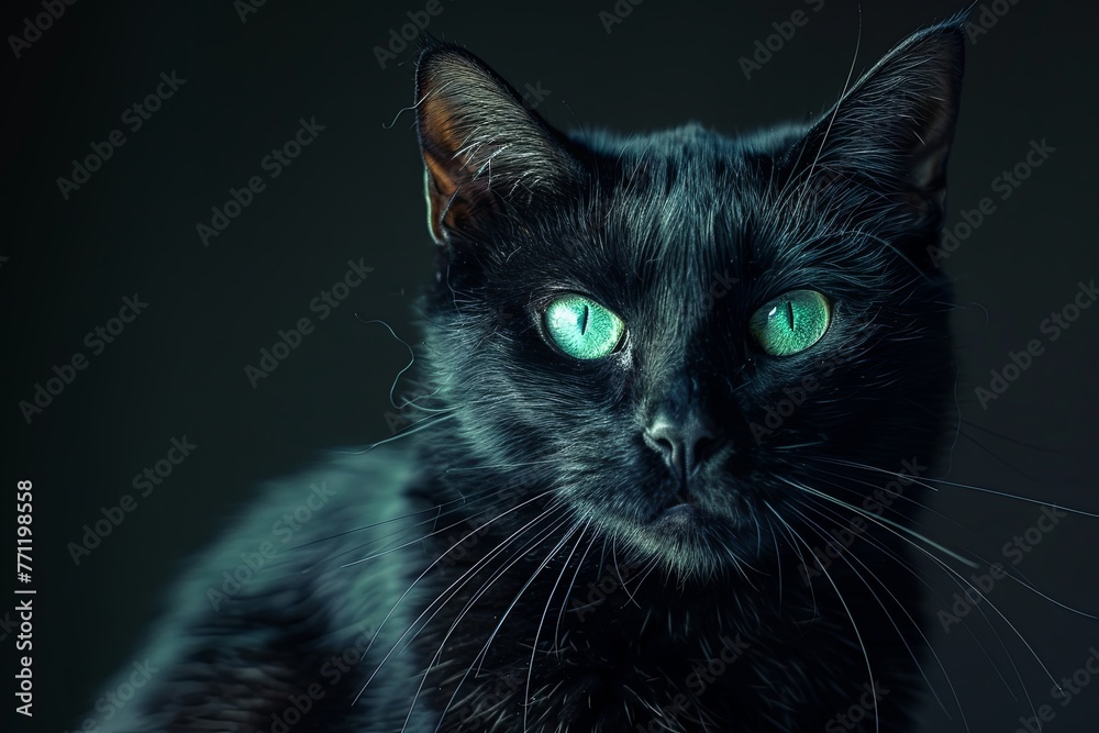 portrait of black cat with green eyes