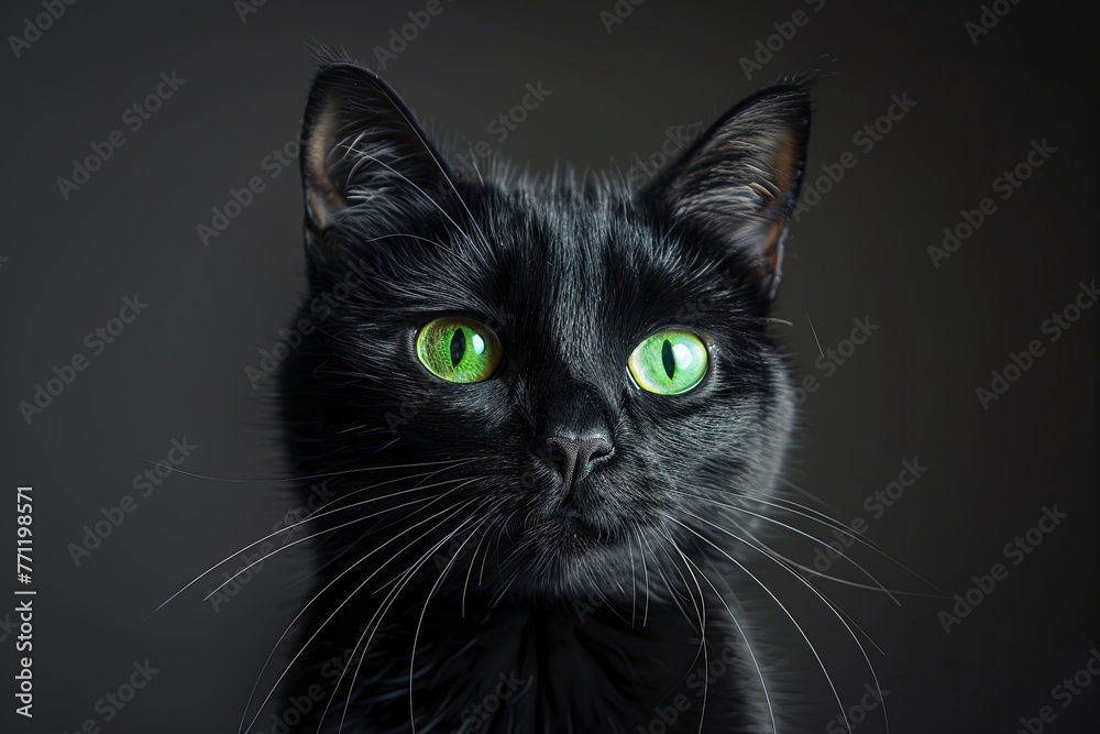 portrait of black cat with green eyes 