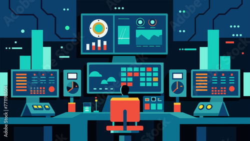 An image of a hightech control room with screens and monitors displaying data from various production processes showcasing the advanced