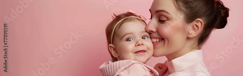 woman in light clothes have fun with cute child baby girl mother little kid daughter isolated on pastel pink wall background studio portrait mother s day love family parenthood childhood concept  photo