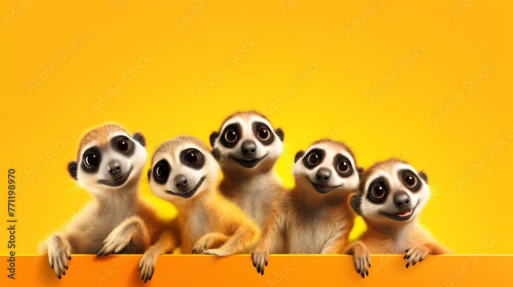 Fototapeta premium Funny meerkat are behind a yellow wall happy charming merry yellow wall background