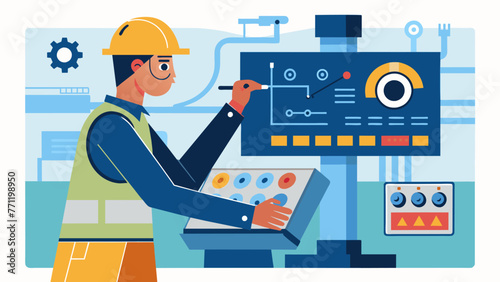 A detailed shot of a worker adjusting settings on a highspeed assembly machine in a microfactory emphasizing the precision and efficiency