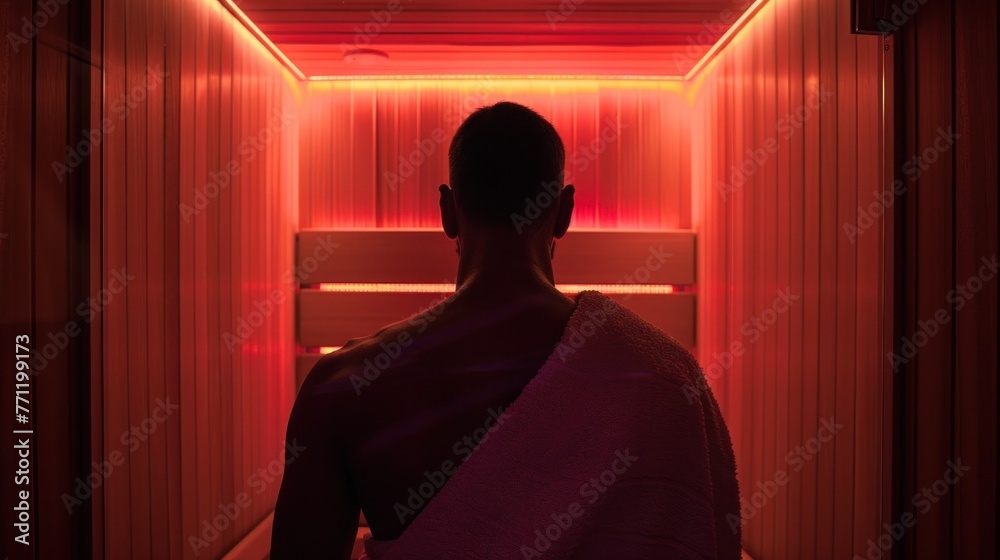 Silhouette of man in infrared sauna, towel-draped, back facing, amidst soft glow.