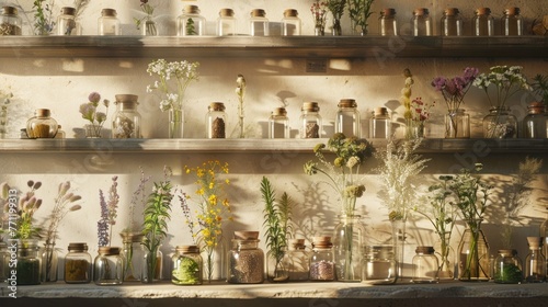 Modern herbal apothecary - Rustic jars filled with aromatic herbs and delicate flowers adorn a tranquil beige backdrop.