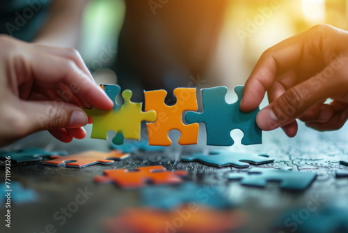 Hands join puzzle pieces,  putting the jigsaws team together, business concept photo