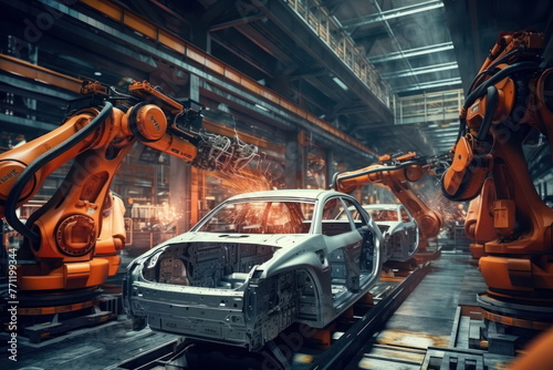 EV Car Factory, Auto Robot Arm Assembly, Industrial Production Car