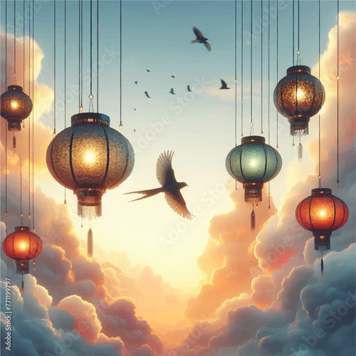 a beautiful scene of four lanterns hanging from strings 