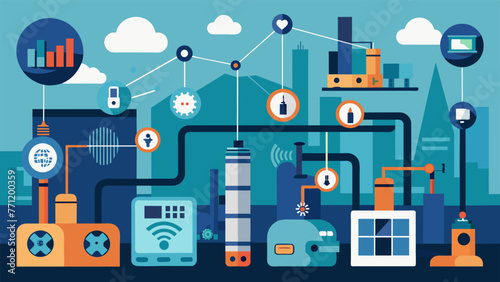 A factory floor filled with sensors and connected devices exemplifying the concept of Industry . and the use of digital technology for smart