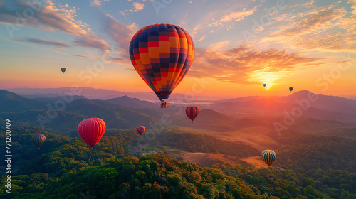 Panorama of balloons, Hot air balloons on the hill in doi inthanon national park , Chiang Mai, Thailand. photo