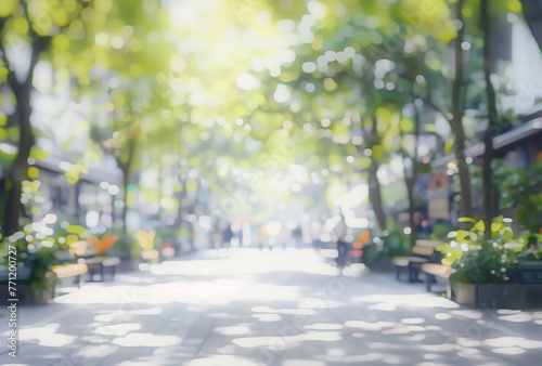 Blurred background of white and green colors, blurry image of an outdoor setting with trees and plants. The soft bokeh effect adds depth to the scene, creating a serene atmosphere for commercial use.  photo