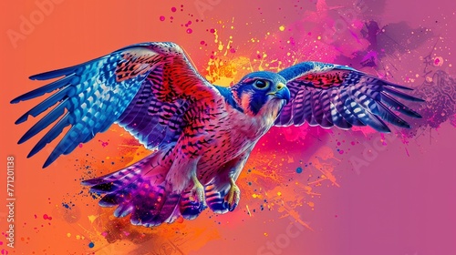 Amur Falcon clipart 80s retro watercolor style vibrant hues midflight with dynamic wing spread photo