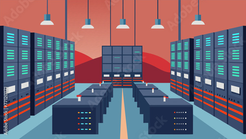 An industrial server room with rows of neatly organized servers each connected to the network through secure 5G connections safeguarding