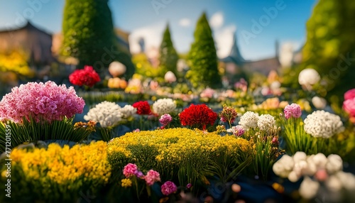 a garden full of flowers slightly out of focus