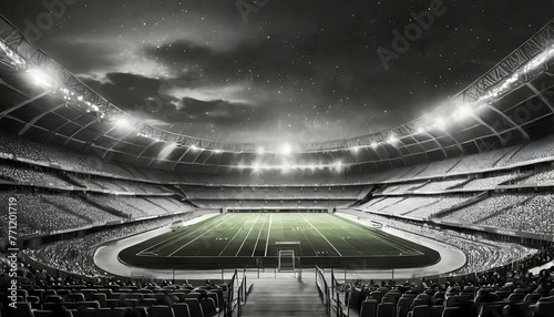 an empty football stadium in black and white with the lights on at night 