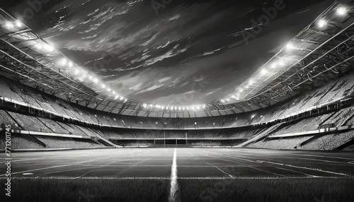 An empty football stadium in black and white with the lights on at night 