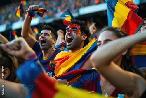 Diverse football fans celebrating victory with national flags at stadium.