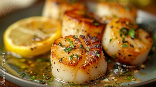 A gourmet plate of seared scallops with a lemon butter sauce photo