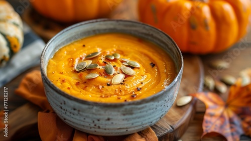A bowl of creamy pumpkin soup with roasted pumpkin seeds on top