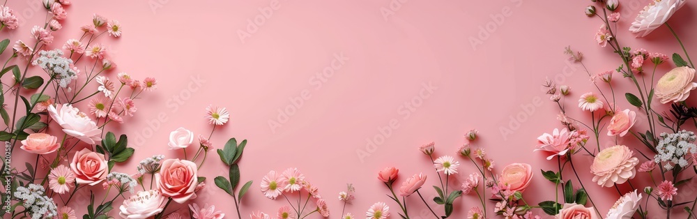 banner with flowers on light pink background greeting card template for wedding mothers or womans day springtime composition with copy space flat lay style 